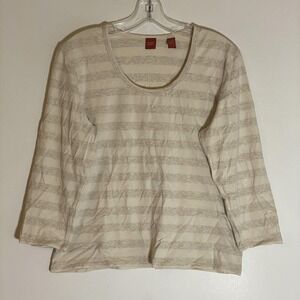 Valerie Stevens Shirt Womens Large Beige Cream Stripe Long Sleeve Scoop Neck